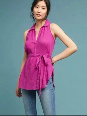 Anthropologie Maeve NWT Sleeveless Tie-Waist Tunic Magenta Fuchsia gold metallic